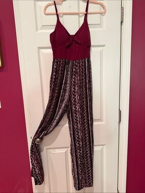 No Boundaries Burgundy Tie-Front Spaghetti Strap Jumpsuit